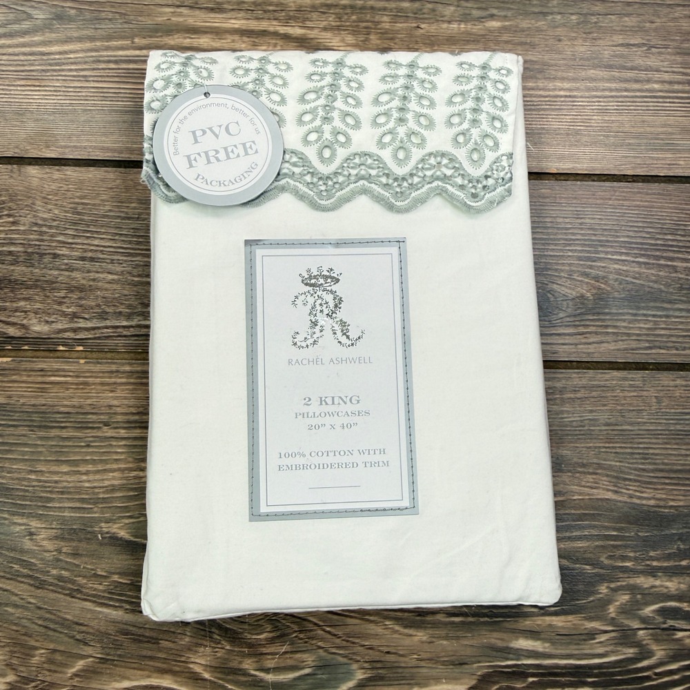 Rachel Ashwell King 2pc Pillowcase Set White Gray Embroidered Trim NEW